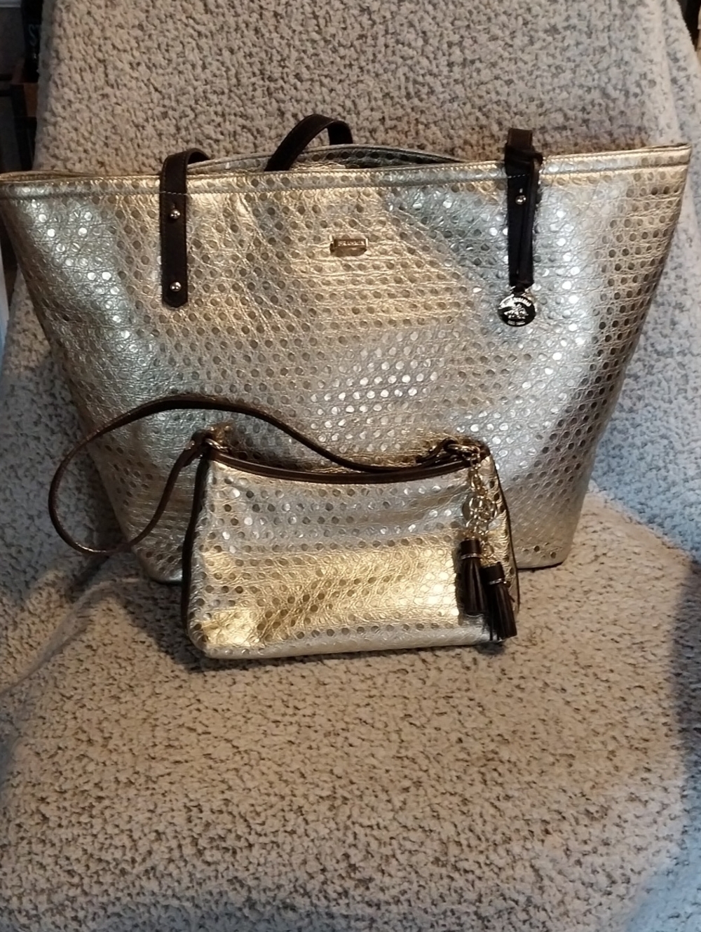 Brahmin Metallic Gold Tote with Matching Crossbody and Tassel